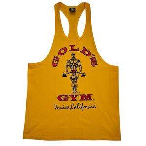 Vintage 90s Golds Gym Stringer Tank Top Venice Beach California Large Yellow USA